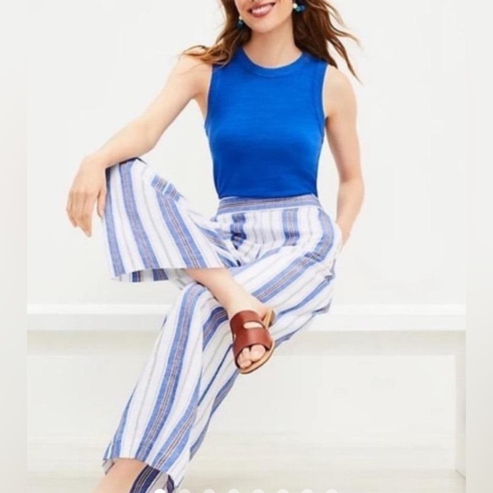 LOFT Linen Blend Blue and White Vertical Stripe Wide-Leg Capri Pants Size L